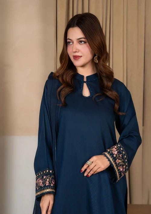 3 Piece Viscose Raw Silk Farshi Shalwar Suit - Prussian Blue - Chiffon Dupatta