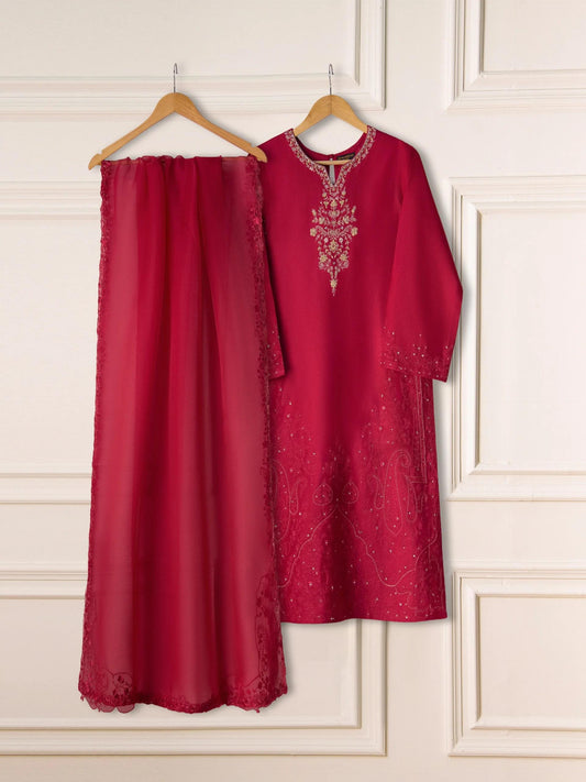 Agha noor 3 Piece Pure Silk Net Embroidered Suit Size (Large)