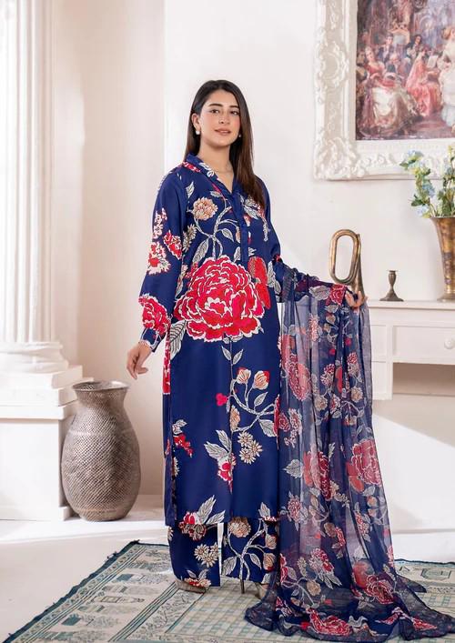 3 Piece Arabic Silk Lawn Suit with Chiffon Dupatta