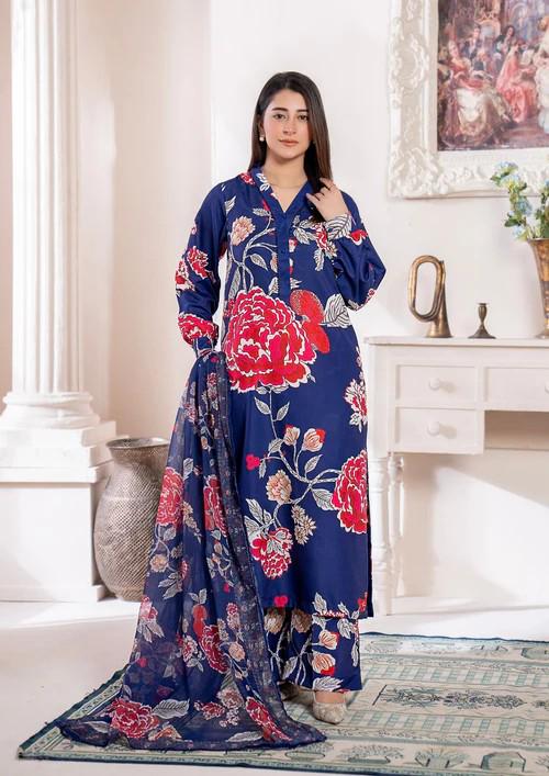 3 Piece Arabic Silk Lawn Suit with Chiffon Dupatta
