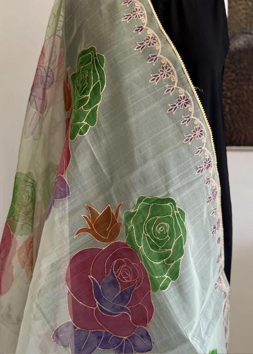 Hand Painted Organza Dupatta with Tilla Work - Mint Green