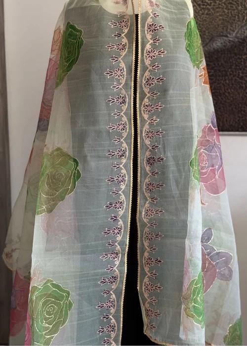 Hand Painted Organza Dupatta with Tilla Work - Mint Green