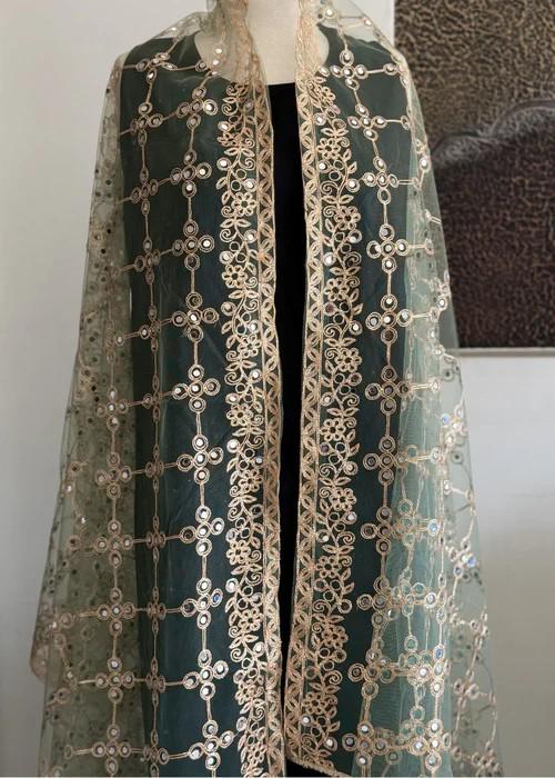 Gold and Green Embroidered Net Dupatta - Tilla Work