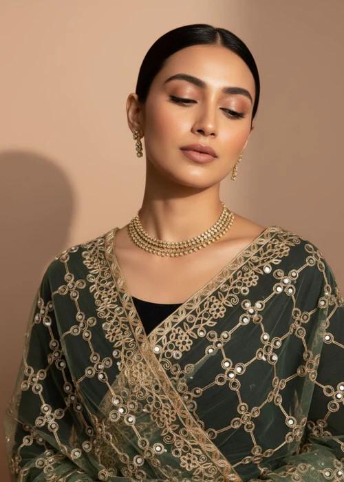Gold and Green Embroidered Net Dupatta - Tilla Work