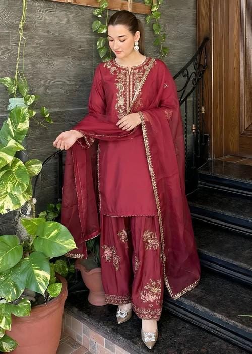 Embroidered Silk Farshi Shalwar Suit with Organza Dupatta - 3 Piece - Maroon
