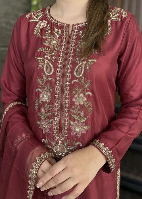 Embroidered Silk Farshi Shalwar Suit with Organza Dupatta - 3 Piece - Maroon