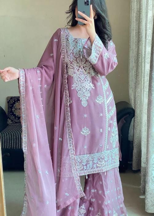 Embroidered Chiffon Gharara - Mauve Pink