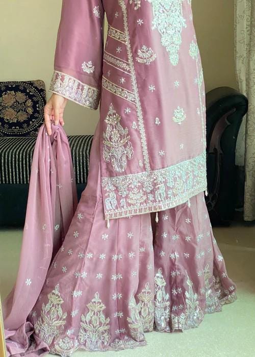 Embroidered Chiffon Gharara - Mauve Pink