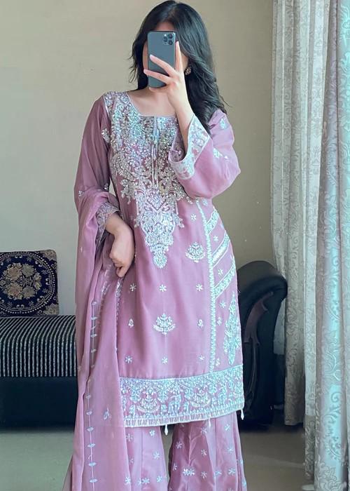 Embroidered Chiffon Gharara - Mauve Pink