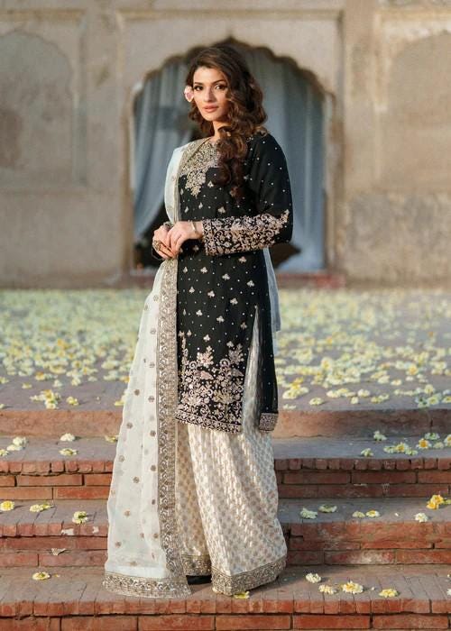 Embroidered Chiffon and Charmeuse Silk Gharara Suit