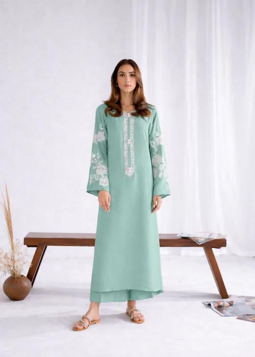Embroidered Lawn Long Kurta Suit - 2 Piece - Moss Green
