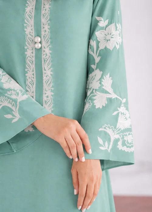 Embroidered Lawn Long Kurta Suit - 2 Piece - Moss Green