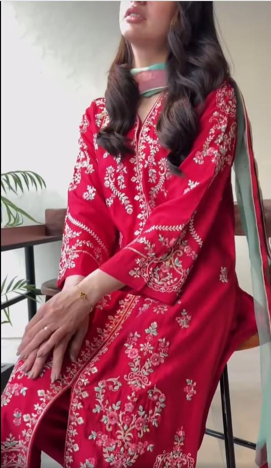 Agha Noor 3 Piece Embroidered Silk Net Suit: Raw Silk Pants