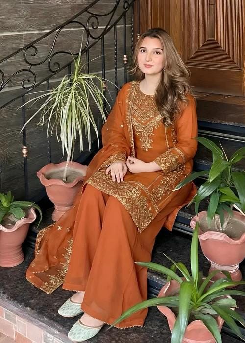 Embroidered Chiffon Sharara - Rust Orange