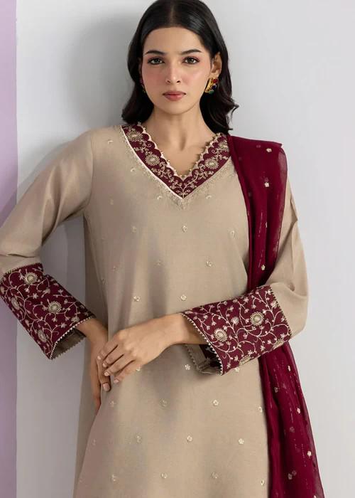 3 piece - Embroidered Cotton with Zari Kurta Set