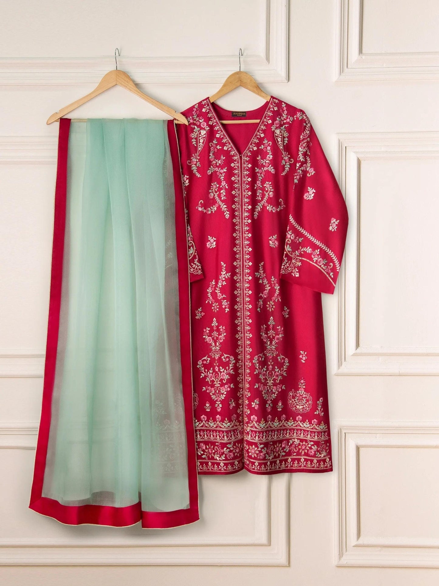 Agha Noor 3 Piece Embroidered Silk Net Suit: Raw Silk Pants
