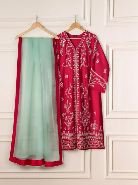 Agha Noor 3 Piece Embroidered Silk Net Suit: Raw Silk Pants