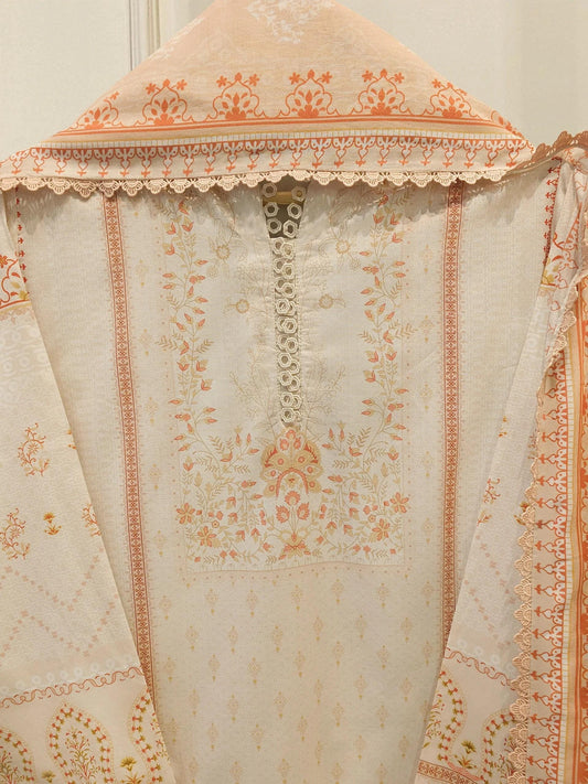 3 Piece Agha Noor - Printed Cambric Summer Suit - Peach