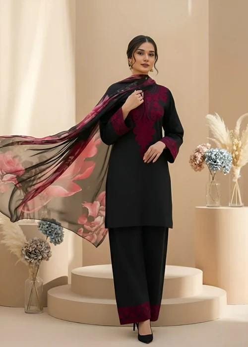 3 Piece Cambric Kurta Set - Printed Chiffon Dupatta