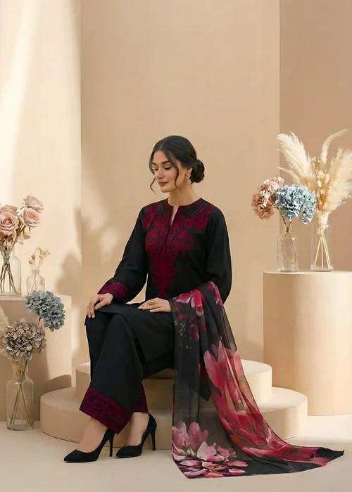 3 Piece Cambric Kurta Set - Printed Chiffon Dupatta