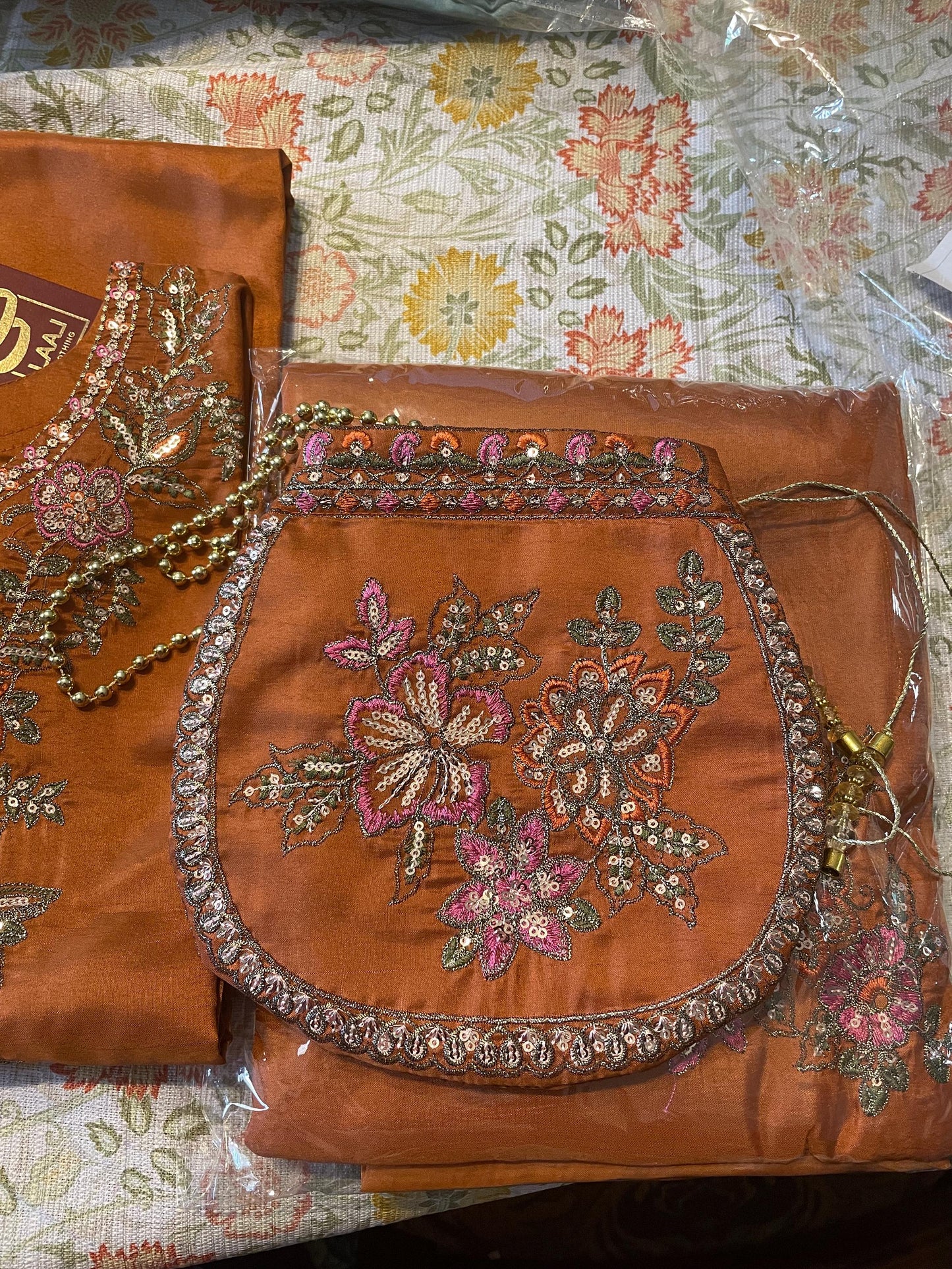 Embroidered Silk Farshi Shalwar Suit with Organza Dupatta - 3 Piece - Rust Orange