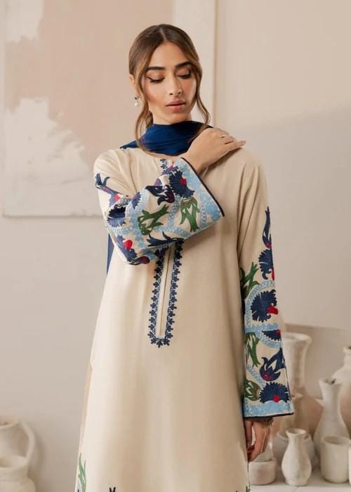 Embroidered Linen Suit with Chiffon Dupatta - 3 Piece Cream Color