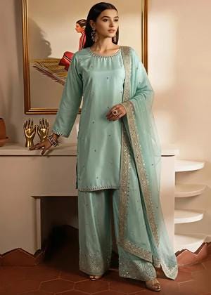 Embroidered Luxurious Silk Suit with Chiffon Dupatta - Moss Green