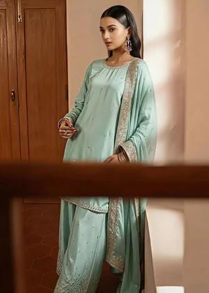 Embroidered Luxurious Silk Suit with Chiffon Dupatta - Moss Green