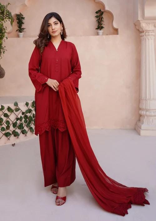Raw Silk Farshi Shalwar Suit - Red - 3 Piece