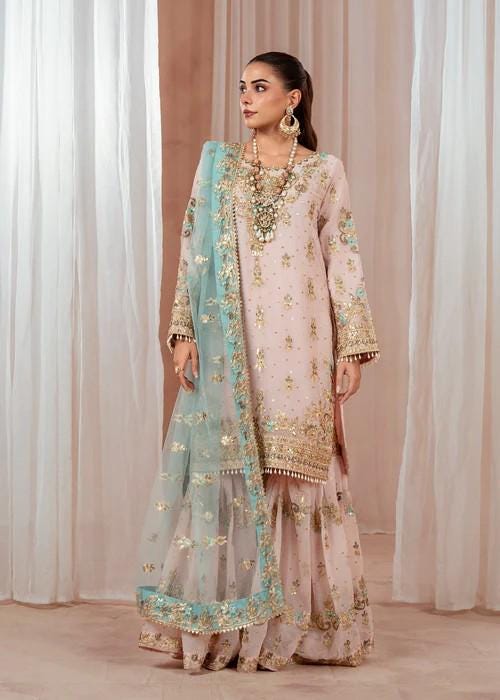 3 Piece Chiffon Gharara - Blush Pink