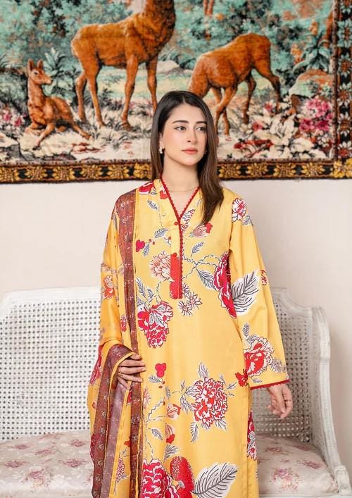 3 Piece Arabic Silk Lawn Suit with Chiffon Dupatta