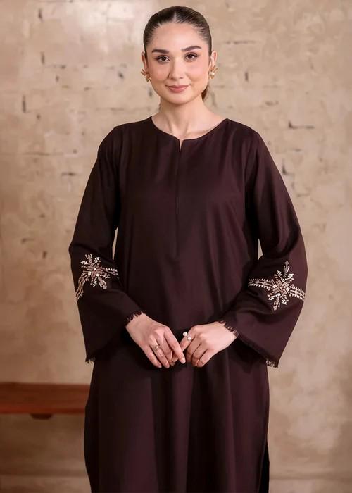 2 Piece Embroidered Linen Suit - Coffee Brown