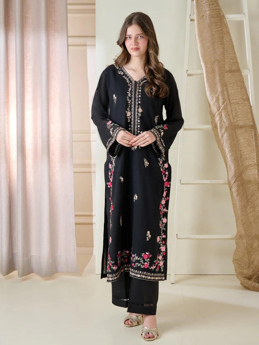 Aghanoor 2 piece - Embroidered Swiss Voile Suit (Size - L) - Black Shalwar Kameez