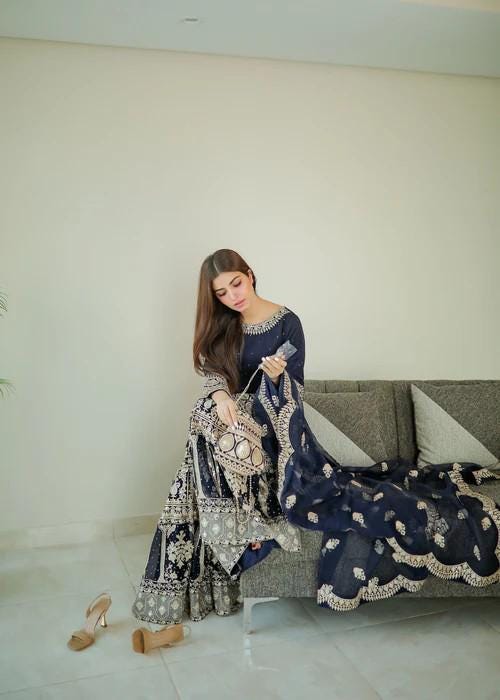 4 Piece Embroidered Chiffon Gharara with Potli Bag - Dark Blue