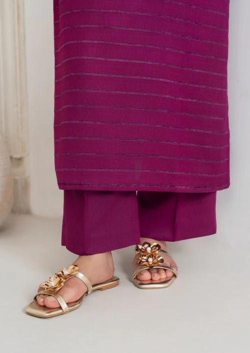 3 Piece Dhanak and Velvet Long Kurta Suit - Magenta Haze