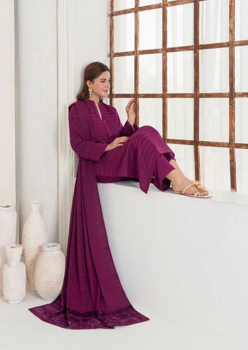 3 Piece Dhanak and Velvet Long Kurta Suit - Magenta Haze
