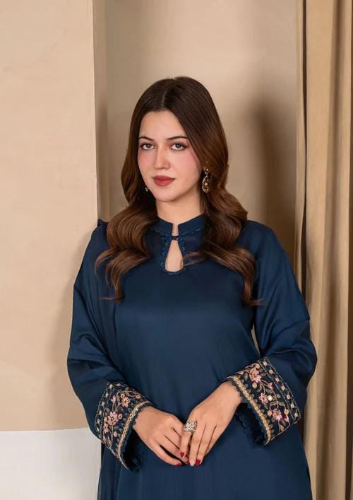 3 Piece Viscose Raw Silk Farshi Shalwar Suit - Prussian Blue - Chiffon Dupatta