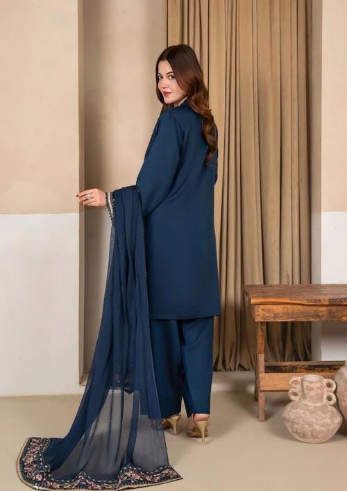 3 Piece Viscose Raw Silk Farshi Shalwar Suit - Prussian Blue - Chiffon Dupatta