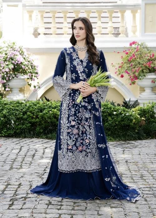 3 Piece Embroidered Long Kurta with Lehenga Suit - Navy Blue