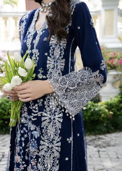 3 Piece Embroidered Long Kurta with Lehenga Suit - Navy Blue
