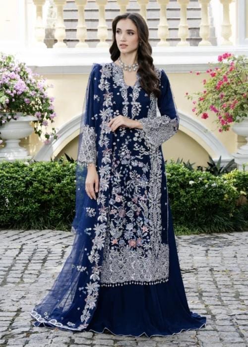 3 Piece Embroidered Long Kurta with Lehenga Suit - Navy Blue