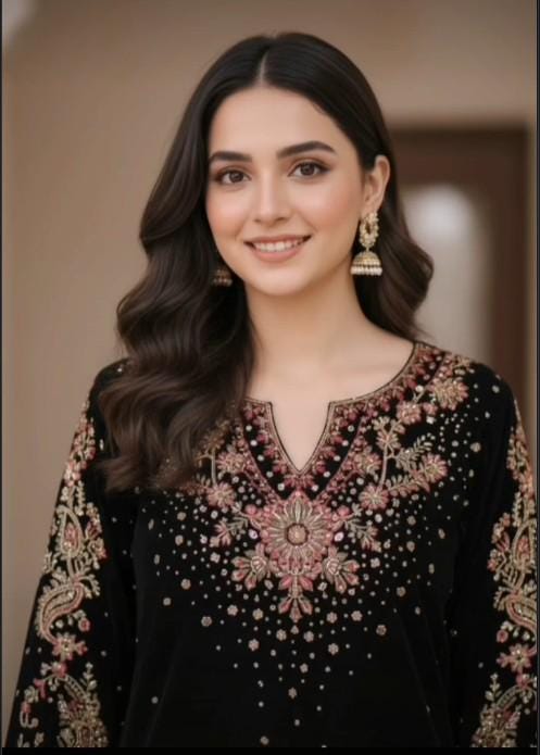 Embroidered Black Velvet Suit with Palazzo Pants - 3 Piece