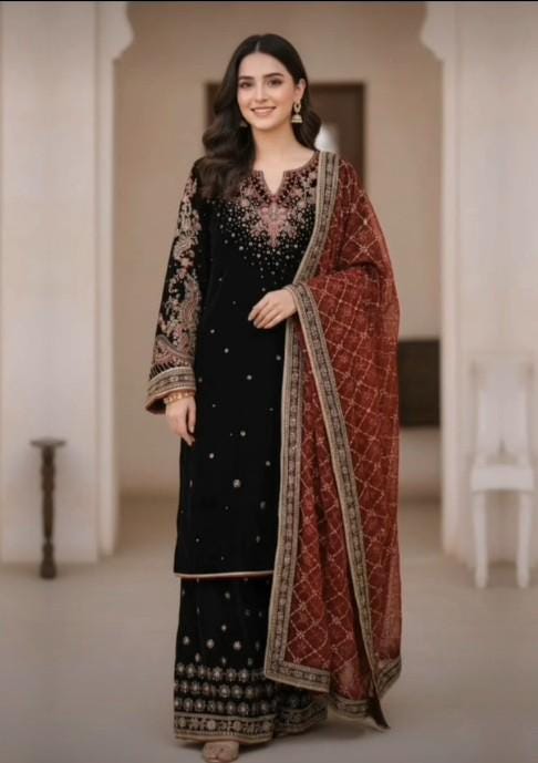 Embroidered Black Velvet Suit with Palazzo Pants - 3 Piece