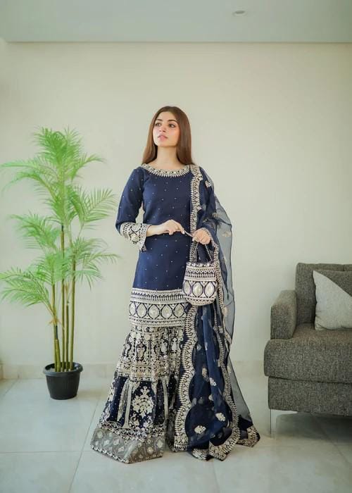4 Piece Embroidered Chiffon Gharara with Potli Bag - Dark Blue
