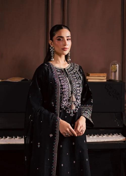 3 piece - Embroidered Linen Suit with Chiffon Dupatta