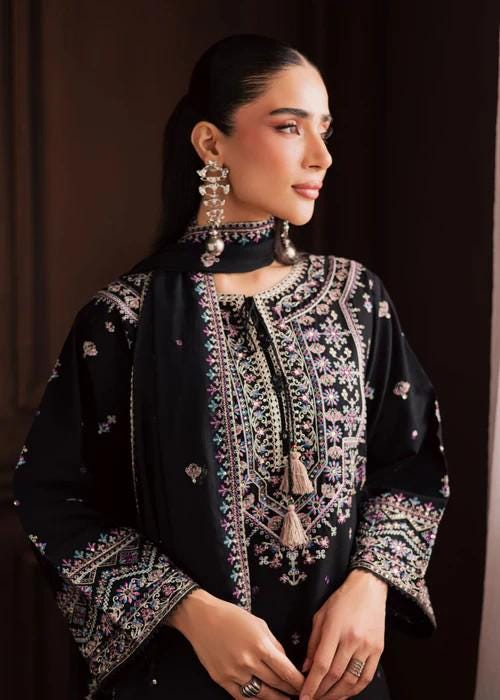 3 piece - Embroidered Linen Suit with Chiffon Dupatta