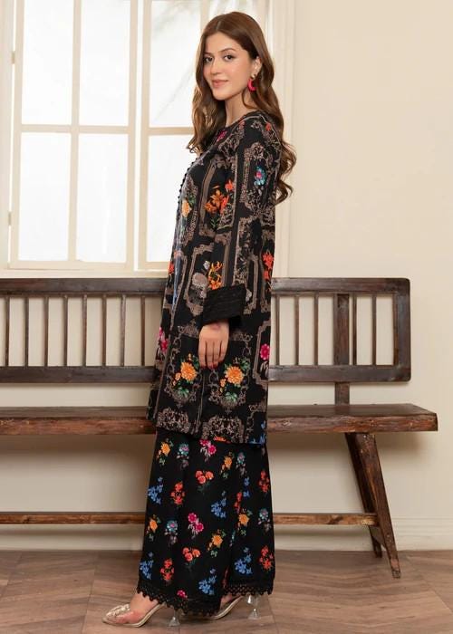 3 Piece Printed Textured Lawn Suit - Black
