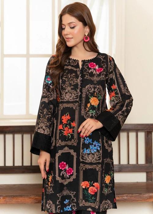 3 Piece Printed Textured Lawn Suit - Black