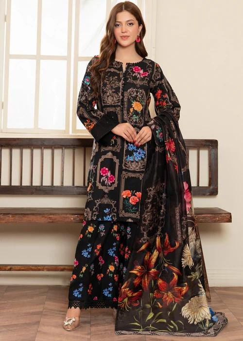 3 Piece Printed Textured Lawn Suit - Black