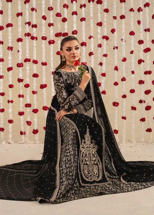 3 Piece Embroidered Chiffon Pishwas in Black